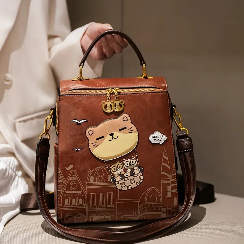 Vintage College Style Cartoon Cat Castle Backpack Large Capacity Commuter Bag Japanese Artsy Hand Drawn Seagull Casual Daypack(beige)
