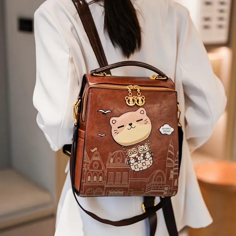 Vintage College Style Cartoon Cat Castle Backpack Large Capacity Commuter Bag Japanese Artsy Hand Drawn Seagull Casual Daypack(beige)