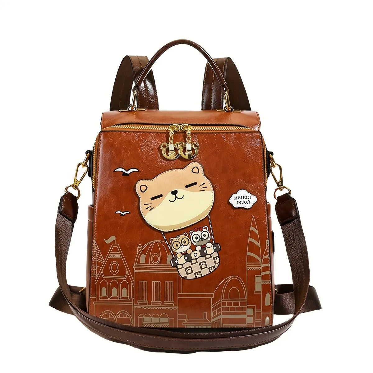 Vintage College Style Cartoon Cat Castle Backpack Large Capacity Commuter Bag Japanese Artsy Hand Drawn Seagull Casual Daypack(beige)