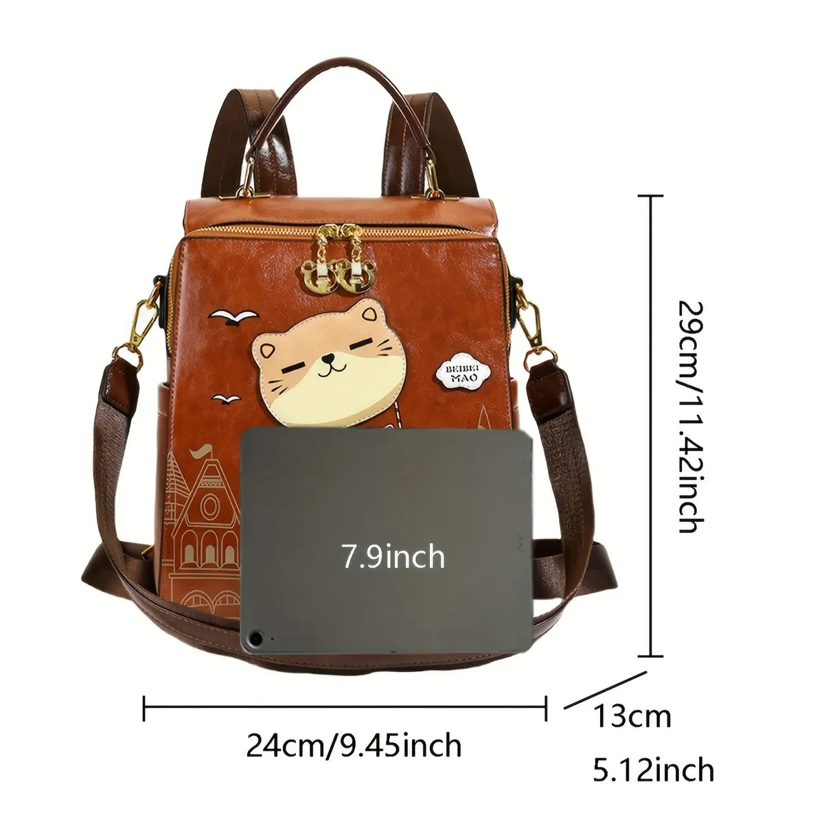 Vintage College Style Cartoon Cat Castle Backpack Large Capacity Commuter Bag Japanese Artsy Hand Drawn Seagull Casual Daypack(beige)