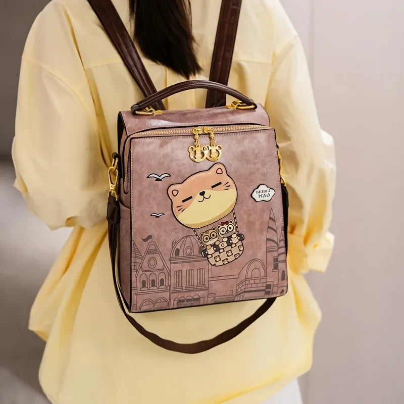 Vintage College Style Cartoon Cat Castle Backpack Large Capacity Commuter Bag Japanese Artsy Hand Drawn Seagull Casual Daypack(beige)