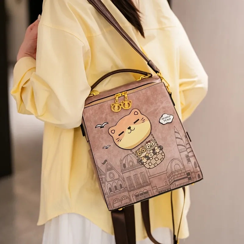 Vintage College Style Cartoon Cat Castle Backpack Large Capacity Commuter Bag Japanese Artsy Hand Drawn Seagull Casual Daypack(beige)