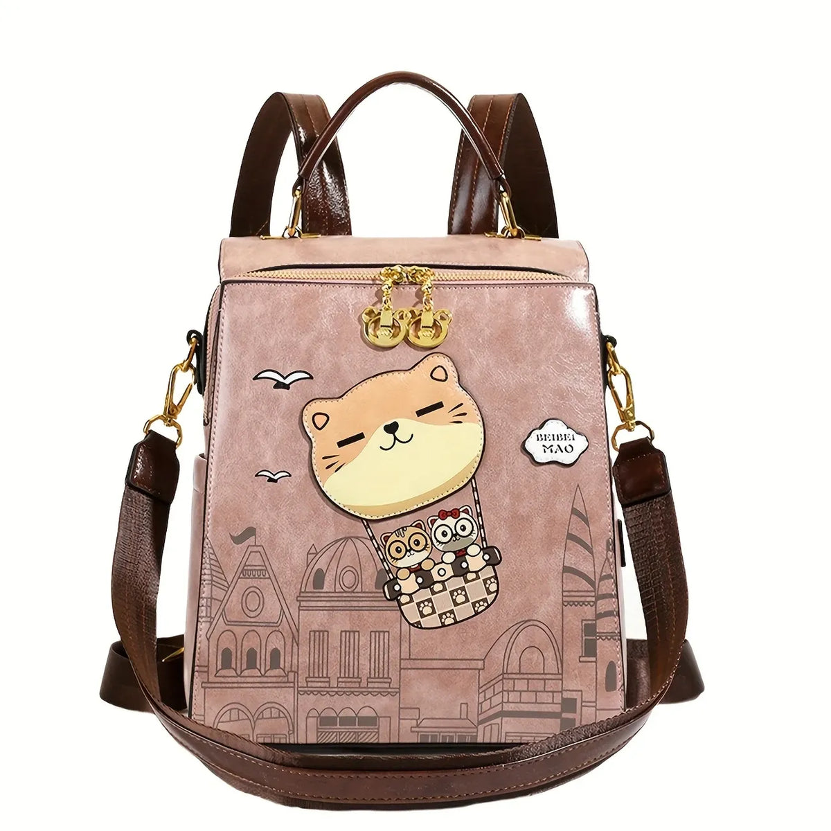 Vintage College Style Cartoon Cat Castle Backpack Large Capacity Commuter Bag Japanese Artsy Hand Drawn Seagull Casual Daypack(beige)