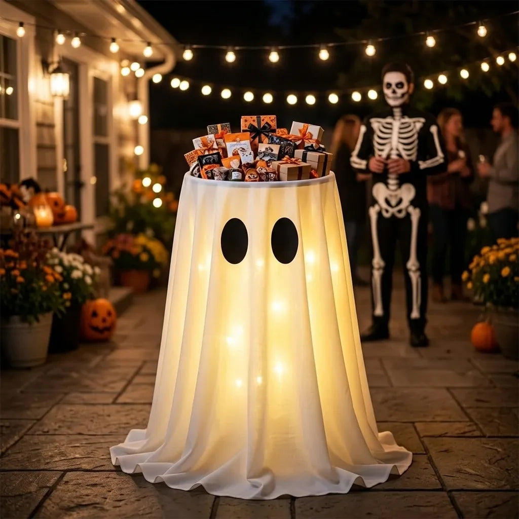120cm Light-Up Ghost Candy Bowl – Halloween Party Must-Have, Large Capacity Trick-or-Treat Station, USB/Battery Powered, Indoor & Outdoor Use(Big and small eyes smile ghost)