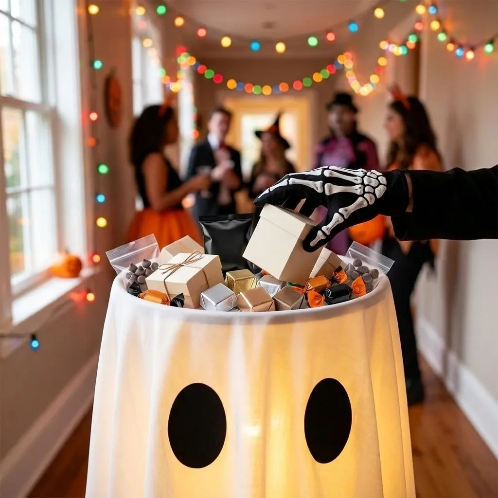 120cm Light-Up Ghost Candy Bowl – Halloween Party Must-Have, Large Capacity Trick-or-Treat Station, USB/Battery Powered, Indoor & Outdoor Use(Big and small eyes smile ghost)