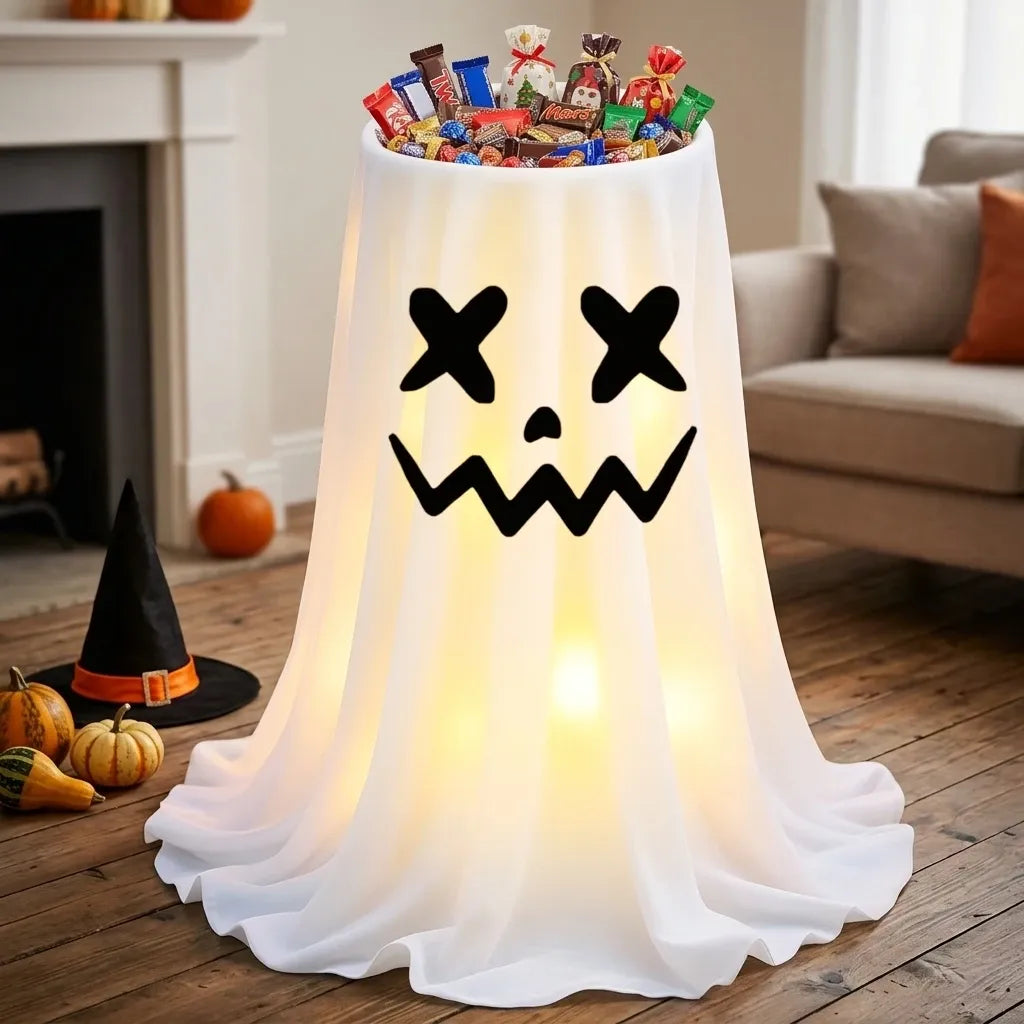 120cm Light-Up Ghost Candy Bowl – Halloween Party Must-Have, Large Capacity Trick-or-Treat Station, USB/Battery Powered, Indoor & Outdoor Use(Big and small eyes smile ghost)