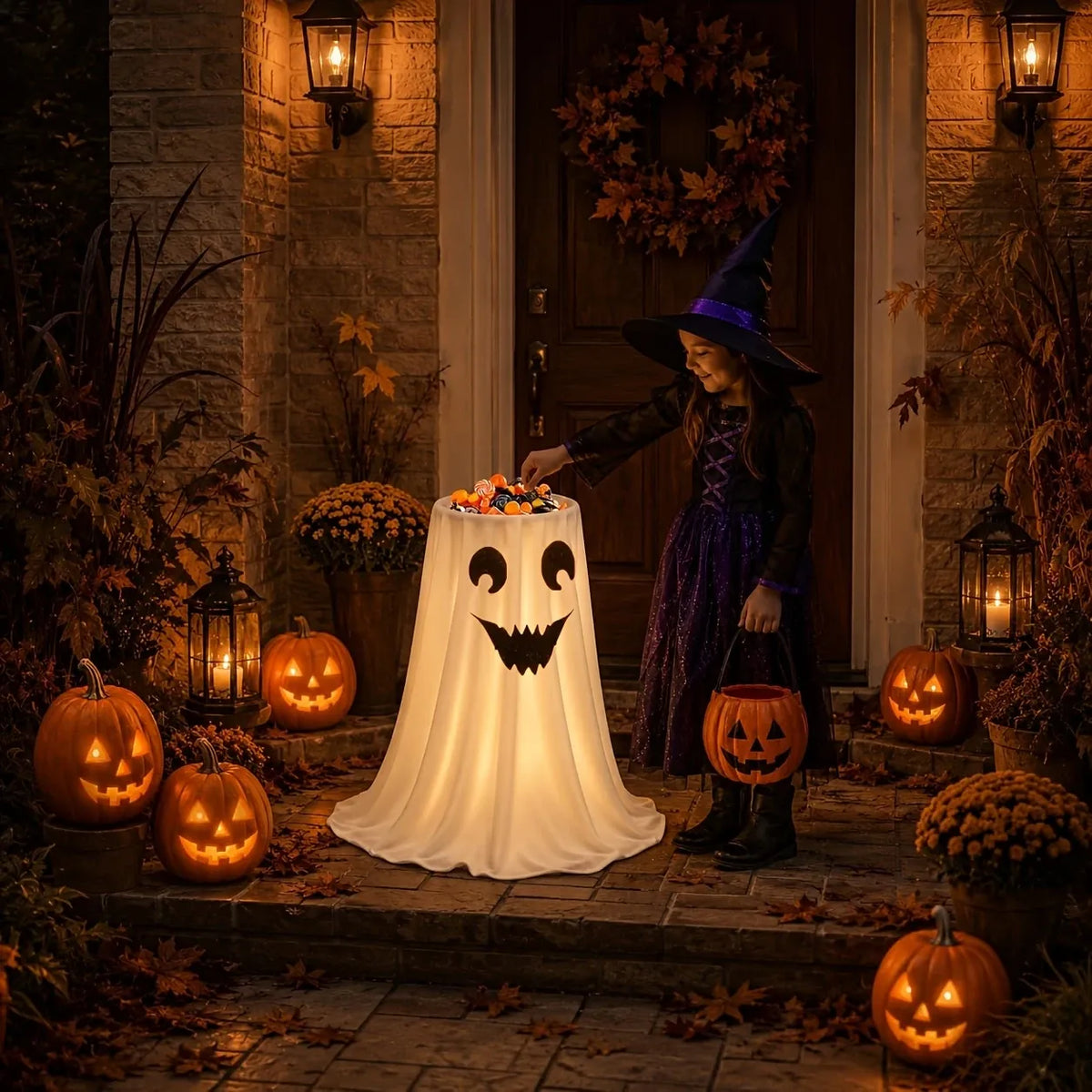 120cm Light-Up Ghost Candy Bowl – Halloween Party Must-Have, Large Capacity Trick-or-Treat Station, USB/Battery Powered, Indoor & Outdoor Use(Big and small eyes smile ghost)