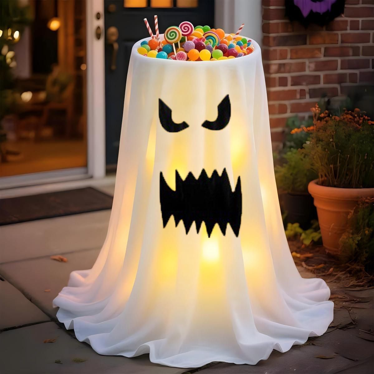 120cm Light-Up Ghost Candy Bowl – Halloween Party Must-Have, Large Capacity Trick-or-Treat Station, USB/Battery Powered, Indoor & Outdoor Use(Fang, angry-faced ghost)
