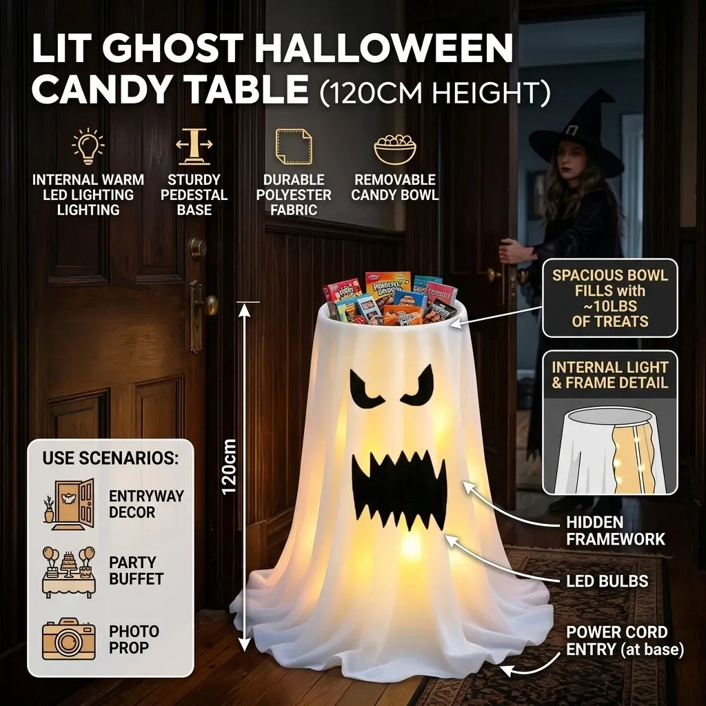 120cm Light-Up Ghost Candy Bowl – Halloween Party Must-Have, Large Capacity Trick-or-Treat Station, USB/Battery Powered, Indoor & Outdoor Use(Fang, angry-faced ghost)
