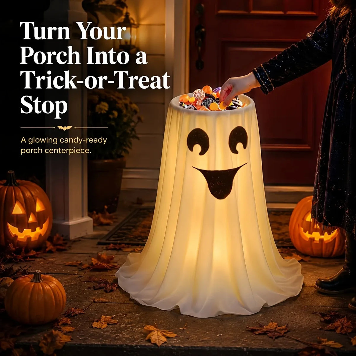 120cm Light-Up Ghost Candy Bowl – Halloween Party Must-Have, Large Capacity Trick-or-Treat Station, USB/Battery Powered, Indoor & Outdoor Use(Cute little ghost)