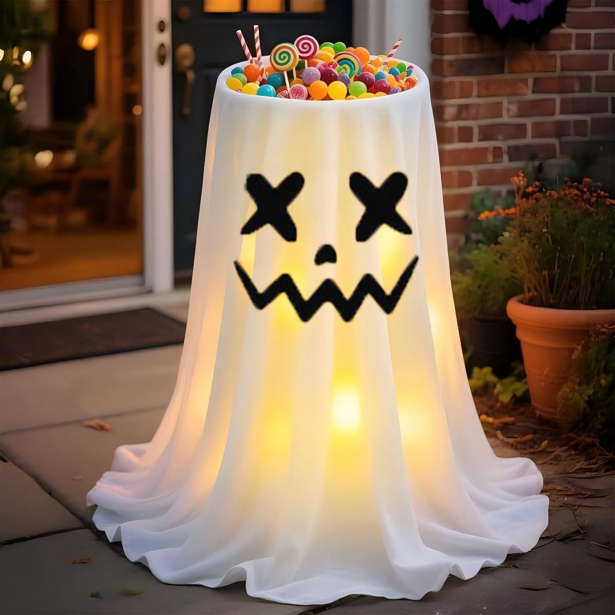 120cm Light-Up Ghost Candy Bowl – Halloween Party Must-Have, Large Capacity Trick-or-Treat Station, USB/Battery Powered, Indoor & Outdoor Use(Cute little ghost)