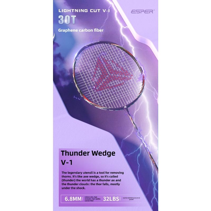 ESPER V-1 Thunder Wedge 5U Ultra-Light Badminton Racket, 30T Graphene Carbon Fiber, 6.8mm Slim Shaft, Balanced Offense and Defense, Lightweight Recreational Racket.（Dark violet）