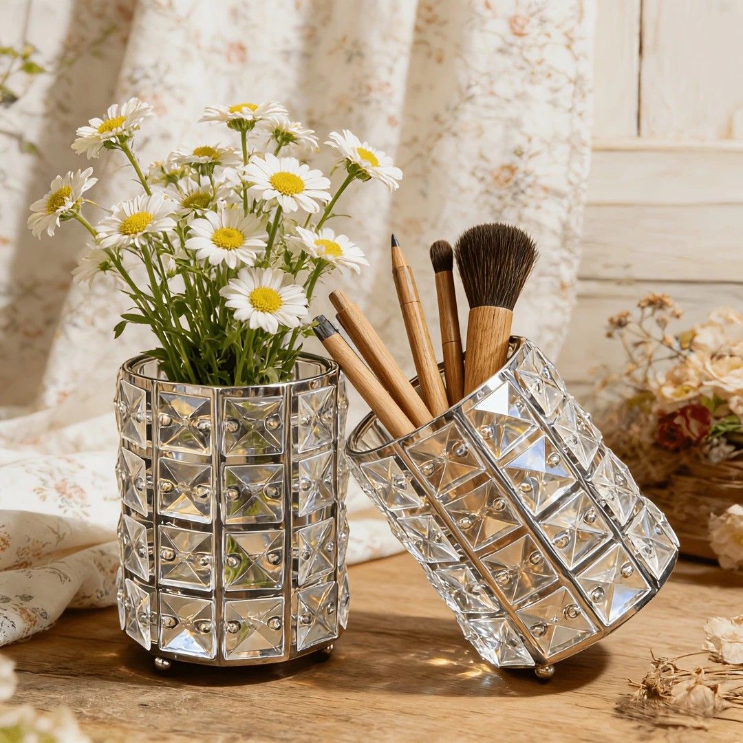 1 piece crystal pen holder, round creative desktop makeup brush storage box, polished cast iron metal art decorative display piece, lightweight and desktop style.golden