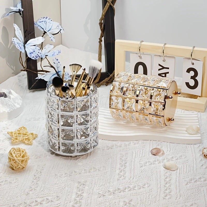 1 piece crystal pen holder, round creative desktop makeup brush storage box, polished cast iron metal art decorative display piece, lightweight and desktop style.golden