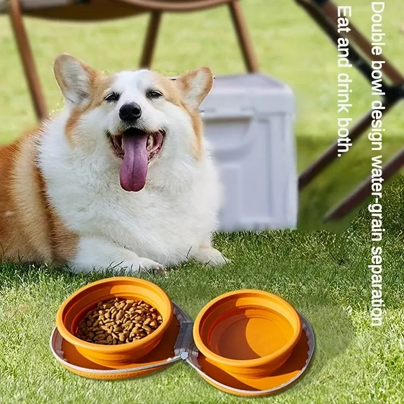 Bear Paw Foldable Pet Bowl: Heat-Resistant Silicone / Dual Bowls for Food & Water Separation / Explosion-Proof Zipper Storage Bag, Lightweight & Portable, Essential for Pet Eating & Drinking on Camping & Walks!(pink+brown)