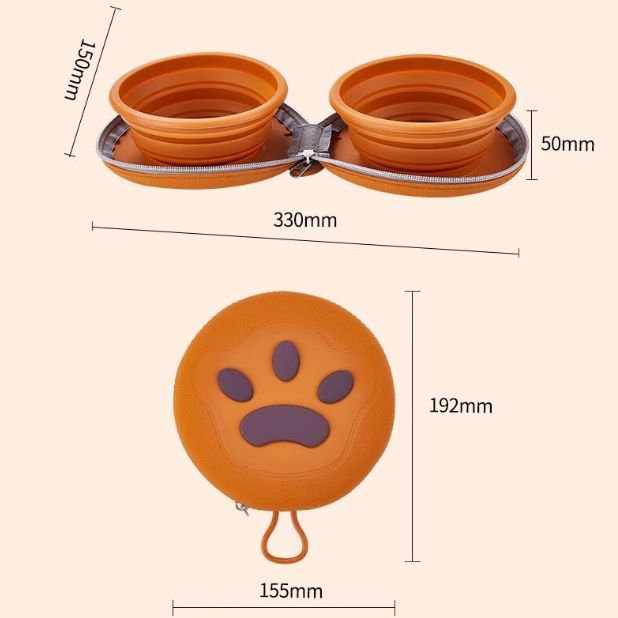 Bear Paw Foldable Pet Bowl: Heat-Resistant Silicone / Dual Bowls for Food & Water Separation / Explosion-Proof Zipper Storage Bag, Lightweight & Portable, Essential for Pet Eating & Drinking on Camping & Walks!(pink+brown)