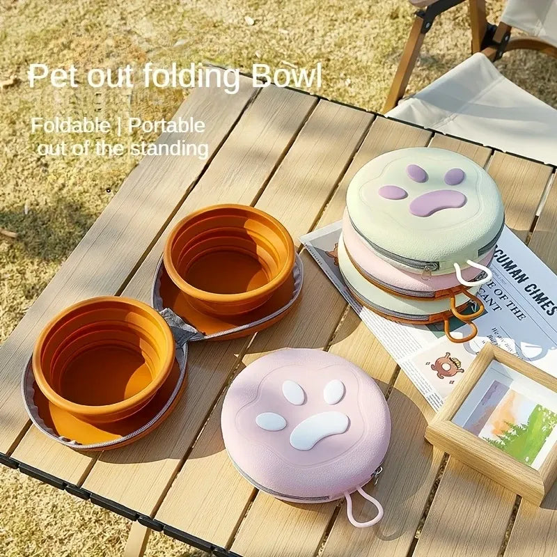 Bear Paw Foldable Pet Bowl: Heat-Resistant Silicone / Dual Bowls for Food & Water Separation / Explosion-Proof Zipper Storage Bag, Lightweight & Portable, Essential for Pet Eating & Drinking on Camping & Walks!(light yellow+brown)