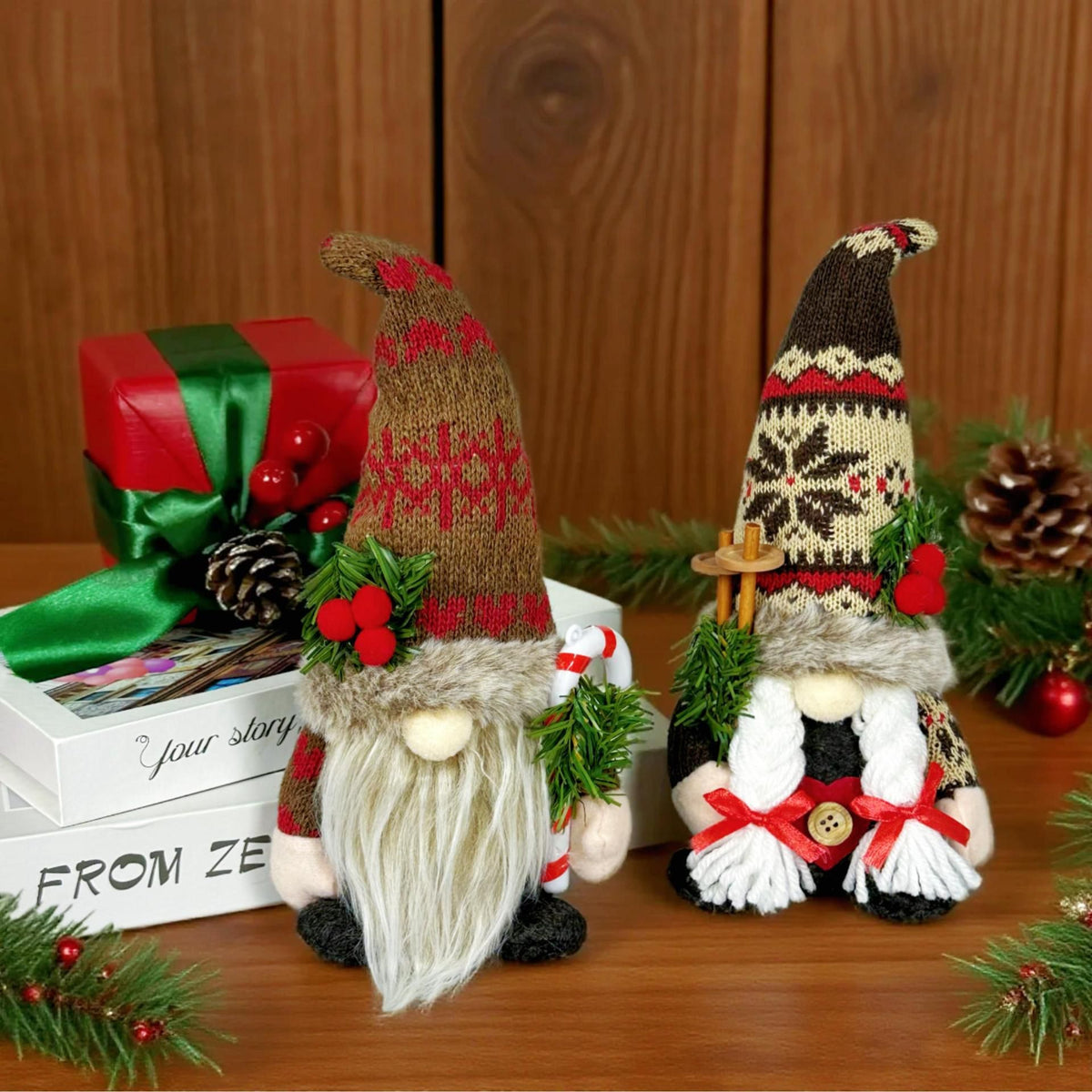 Knitted Hat Rudolph Gnome Figurine | Holding Pine Branches and Skis, Nordic-Style Adorable Ornament Lights Up Christmas./Knitted Snow Hat Doll (for men)