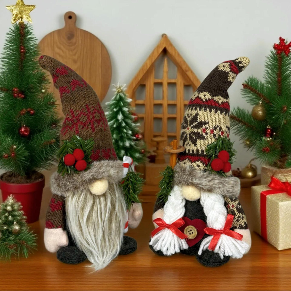 Knitted Hat Rudolph Gnome Figurine | Holding Pine Branches and Skis, Nordic-Style Adorable Ornament Lights Up Christmas./Knitted Snow Hat Doll (for men)