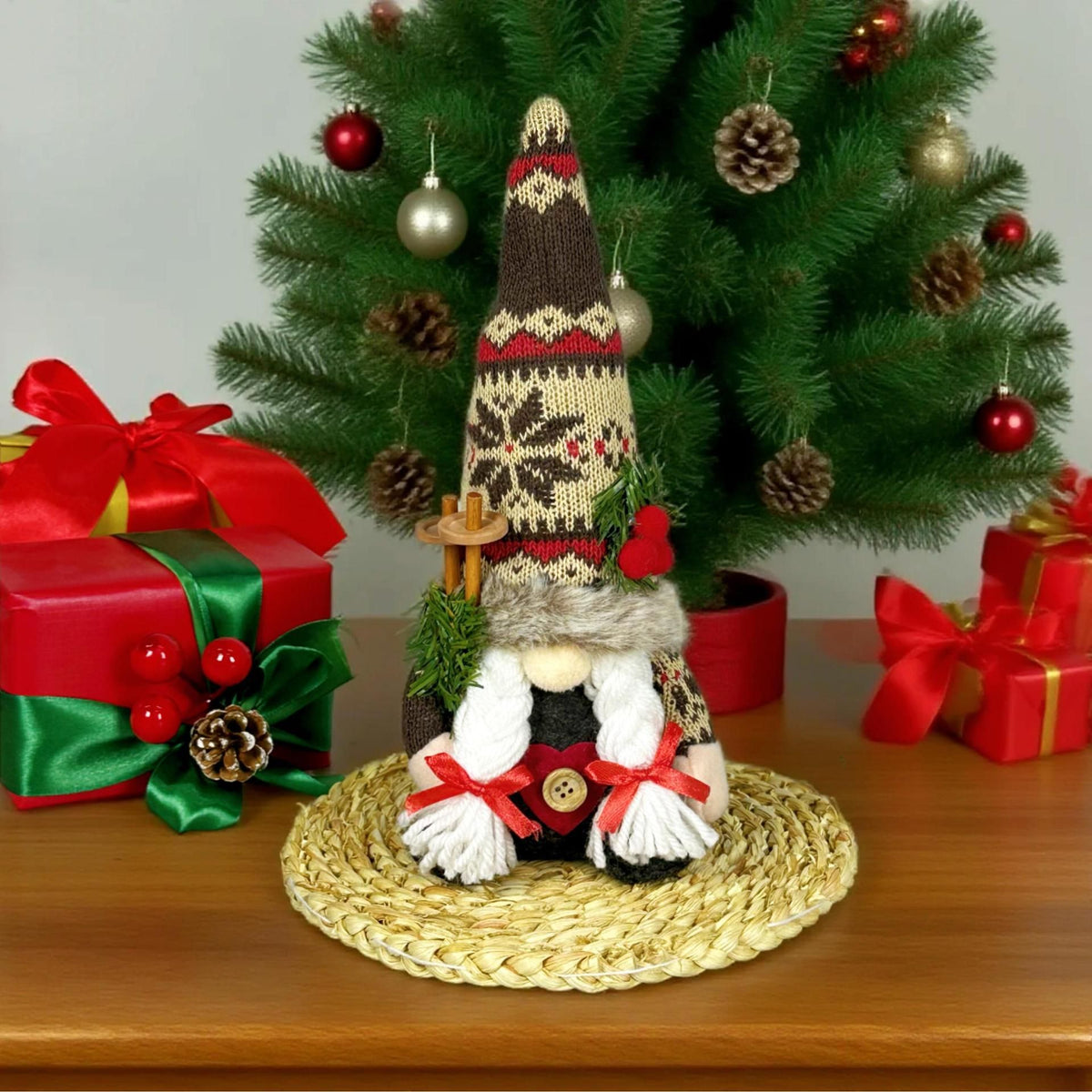 Knitted Hat Rudolph Gnome Figurine | Holding Pine Branches and Skis, Nordic-Style Adorable Ornament Lights Up Christmas./Knitted Snow Hat Doll (for men)