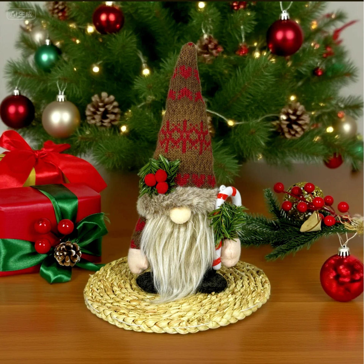 Knitted Hat Rudolph Gnome Figurine | Holding Pine Branches and Skis, Nordic-Style Adorable Ornament Lights Up Christmas./Knitted Snow Hat doll (female)