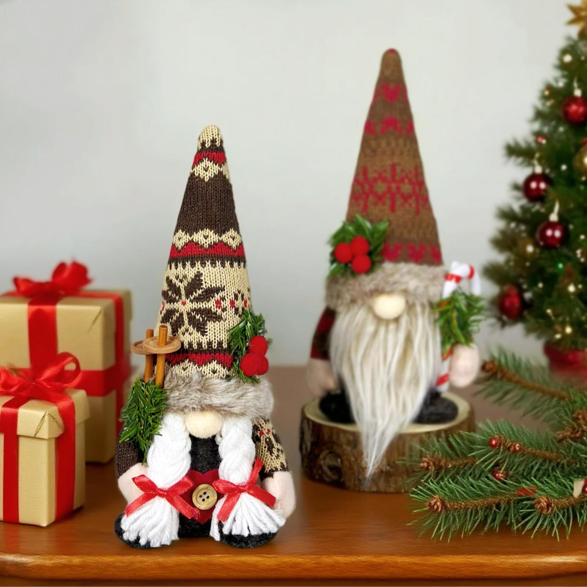 Knitted Hat Rudolph Gnome Figurine | Holding Pine Branches and Skis, Nordic-Style Adorable Ornament Lights Up Christmas./Knitted Snow Hat doll (female)