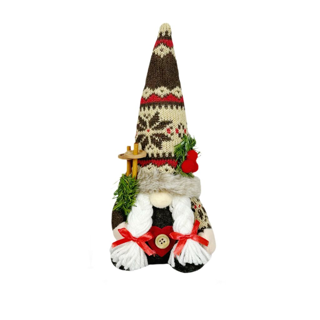 Knitted Hat Rudolph Gnome Figurine | Holding Pine Branches and Skis, Nordic-Style Adorable Ornament Lights Up Christmas./Knitted Snow Hat doll (female)