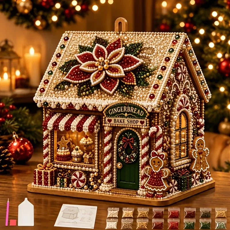 Adult Wooden Christmas House Diamond Painting Kit with Pearl Bead Details, 4-Sided Festive Art, Assembly Required, Tree Hanging Display, Christmas Craft Gift。（Gingerbread man bakery store）