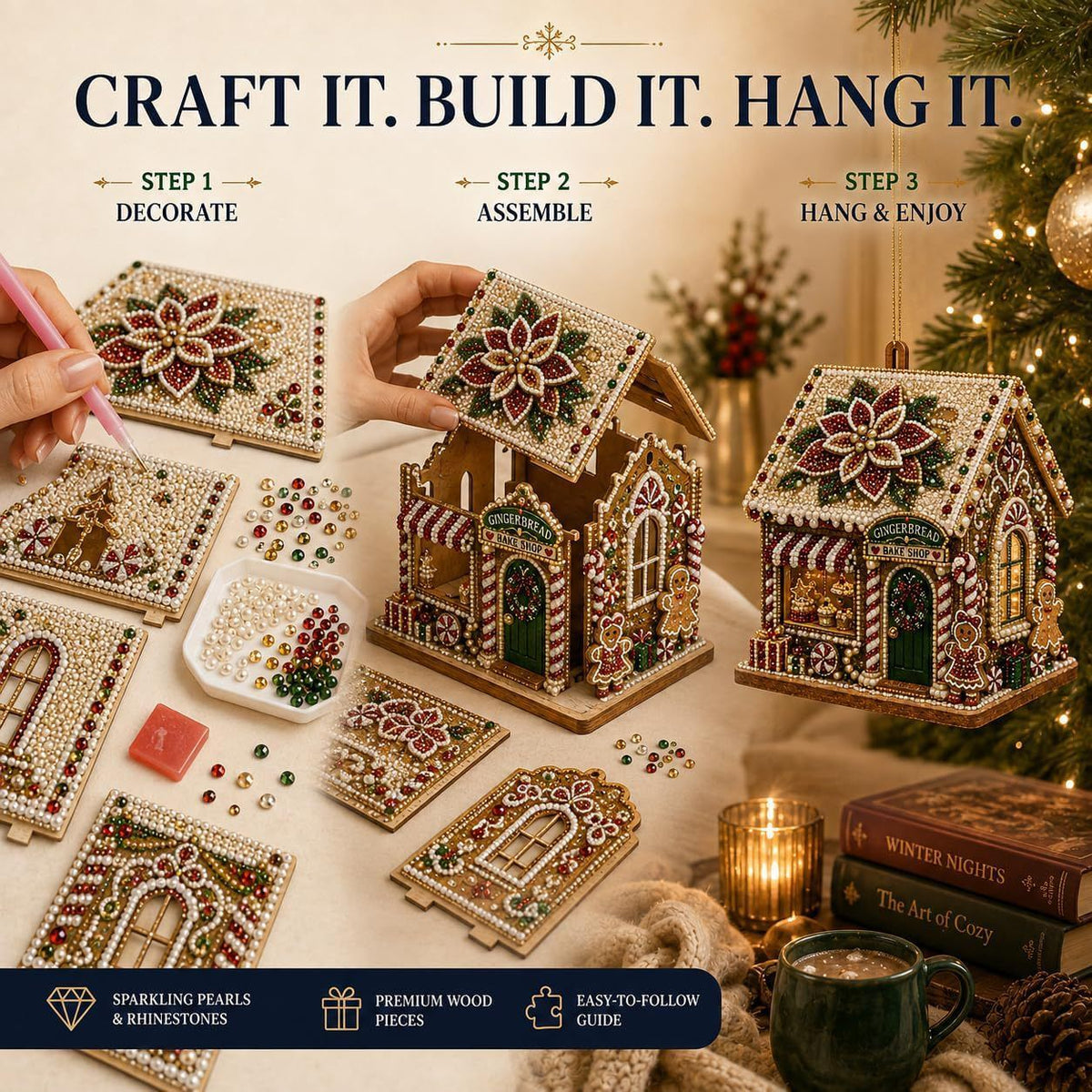 Adult Wooden Christmas House Diamond Painting Kit with Pearl Bead Details, 4-Sided Festive Art, Assembly Required, Tree Hanging Display, Christmas Craft Gift.（Nutcracker toy store）