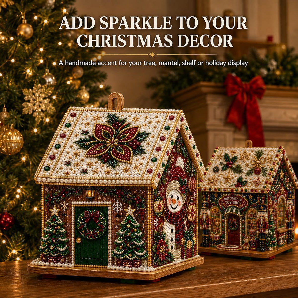 Adult Wooden Christmas House Diamond Painting Kit with Pearl Bead Details, 4-Sided Festive Art, Assembly Required, Tree Hanging Display, Christmas Craft Gift.（Nutcracker toy store）