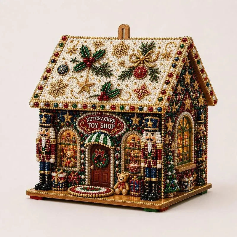Adult Wooden Christmas House Diamond Painting Kit with Pearl Bead Details, 4-Sided Festive Art, Assembly Required, Tree Hanging Display, Christmas Craft Gift.（Nutcracker toy store）