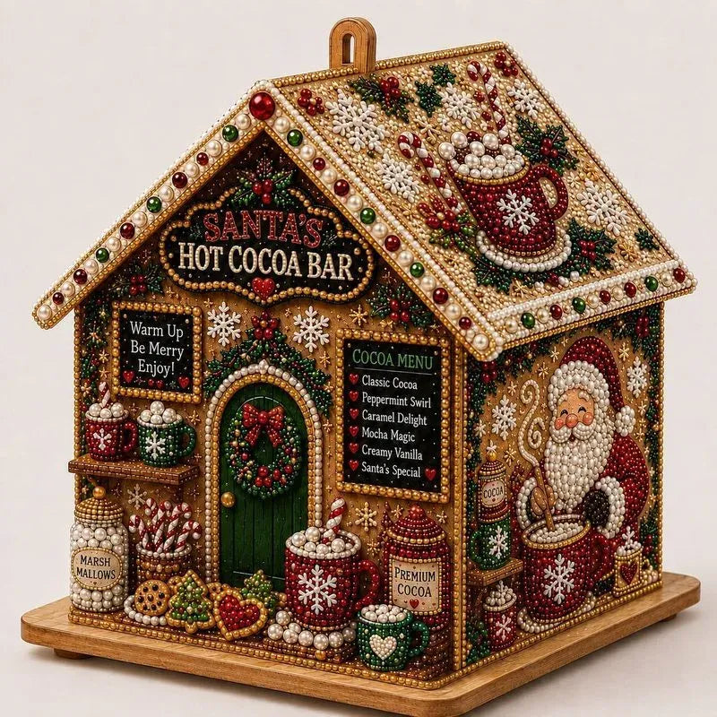 Adult Wooden Christmas House Diamond Painting Kit with Pearl Bead Details, 4-Sided Festive Art, Assembly Required, Tree Hanging Display, Christmas Craft Gift.（Santa Claus hot cocoa）