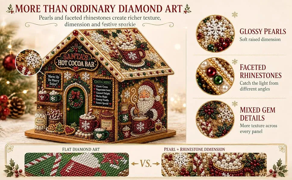 Adult Wooden Christmas House Diamond Painting Kit with Pearl Bead Details, 4-Sided Festive Art, Assembly Required, Tree Hanging Display, Christmas Craft Gift.（Santa Claus hot cocoa）