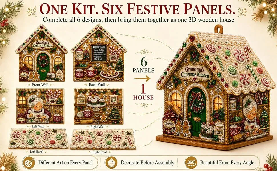 Adult Wooden Christmas House Diamond Painting Kit with Pearl Bead Details, 4-Sided Festive Art, Assembly Required, Tree Hanging Display, Christmas Craft Gift.（Santa Claus hot cocoa）