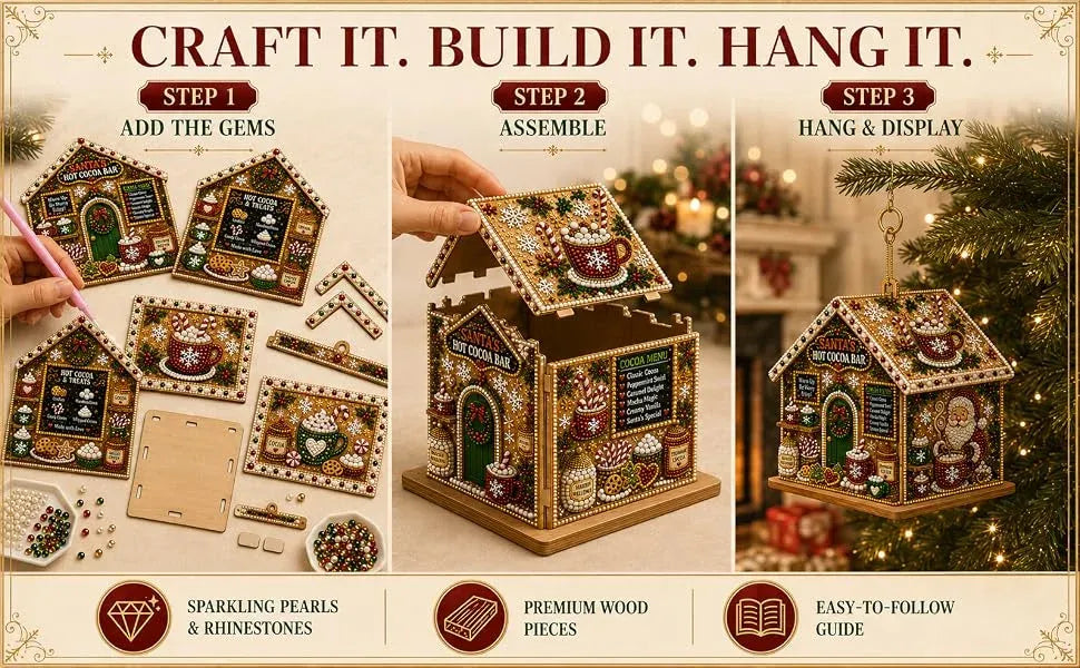 Adult Wooden Christmas House Diamond Painting Kit with Pearl Bead Details, 4-Sided Festive Art, Assembly Required, Tree Hanging Display, Christmas Craft Gift.（Xuerenwu）