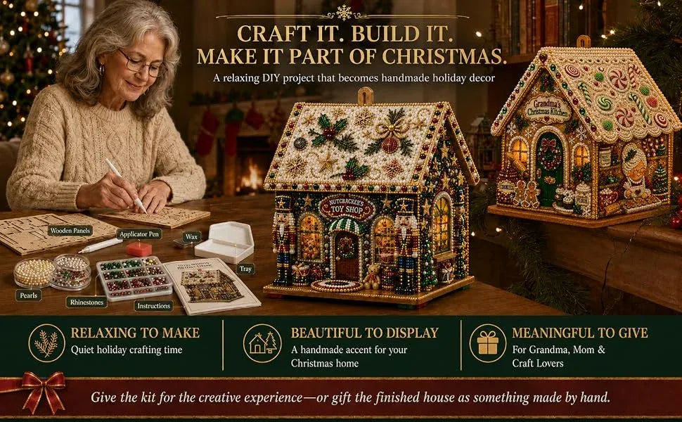 Adult Wooden Christmas House Diamond Painting Kit with Pearl Bead Details, 4-Sided Festive Art, Assembly Required, Tree Hanging Display, Christmas Craft Gift.（Xuerenwu）