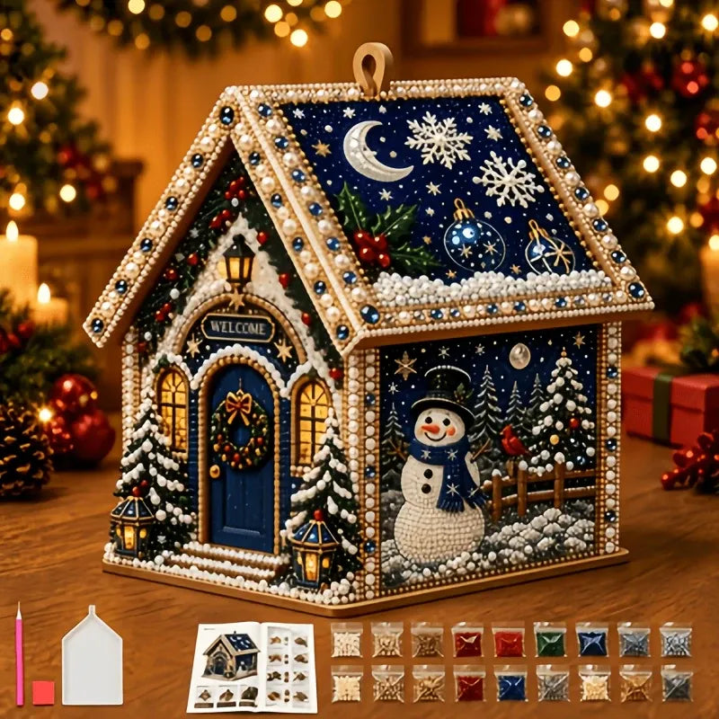 Adult Wooden Christmas House Diamond Painting Kit with Pearl Bead Details, 4-Sided Festive Art, Assembly Required, Tree Hanging Display, Christmas Craft Gift.（Xuerenwu）