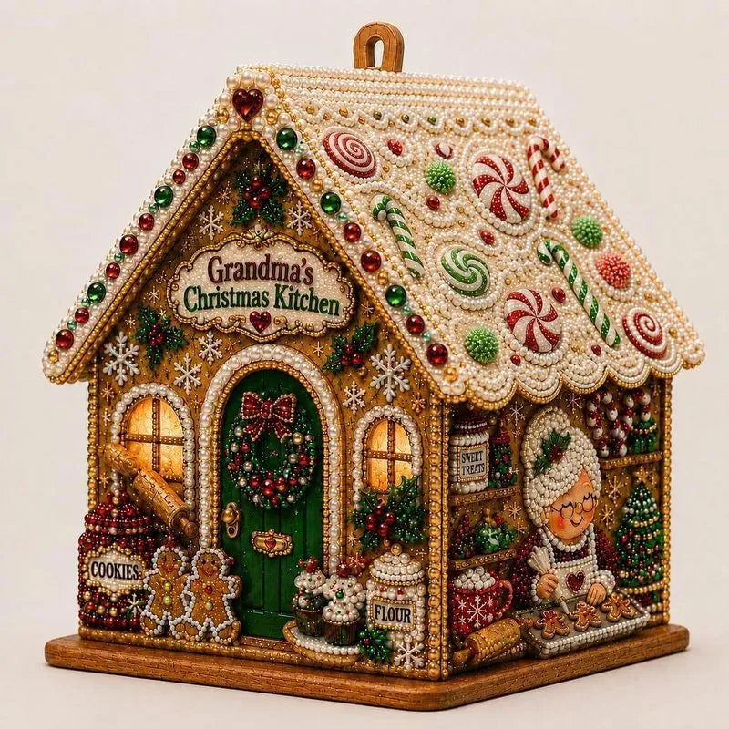 Adult Wooden Christmas House Diamond Painting Kit with Pearl Bead Details, 4-Sided Festive Art, Assembly Required, Tree Hanging Display, Christmas Craft Gift.（Xuerenwu）