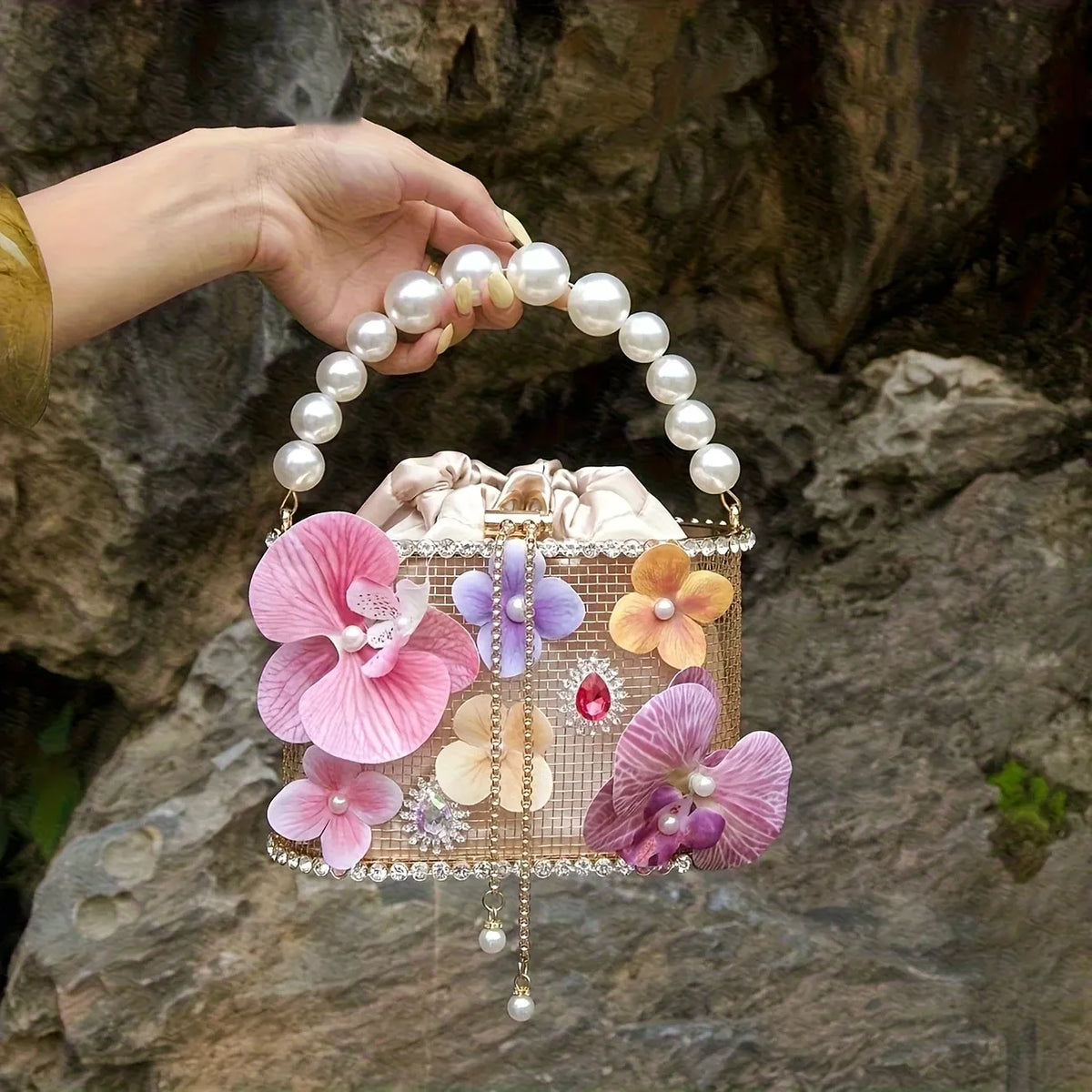 Floral Pearl Basket Bag – Gold Mesh Hard Case Evening Bag, 3D Orchid Handbag for Cheongsam