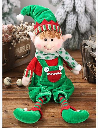 Male Christmas Elf Plush Doll, red and green colors, soft fabric, can sit or hang, 48cm tall, decorates windowsills and tabletops, adorable and warmly.