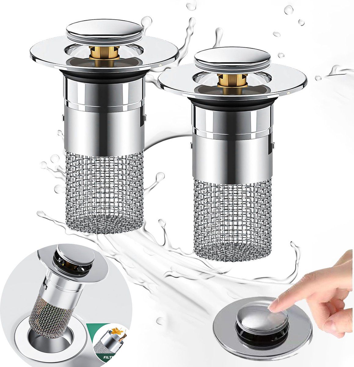2 Piece Drain Stopper Set with Hair Screen for Washbasins and Baths, Anti Clogging