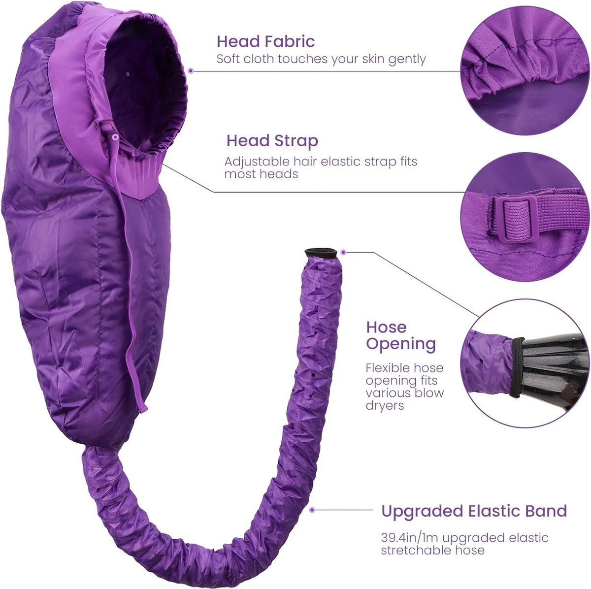Purple Bonnet Hood Hair Dryer Cap with Large Adjustable Hood for Curls and Deep Conditioning