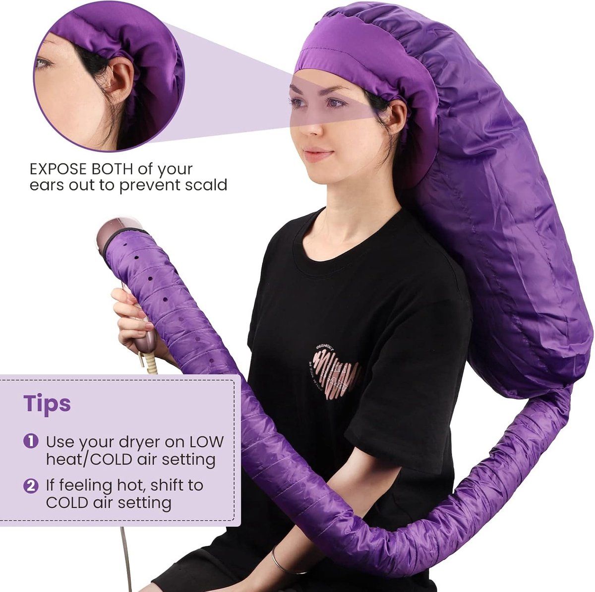 Purple Bonnet Hood Hair Dryer Cap with Large Adjustable Hood for Curls and Deep Conditioning