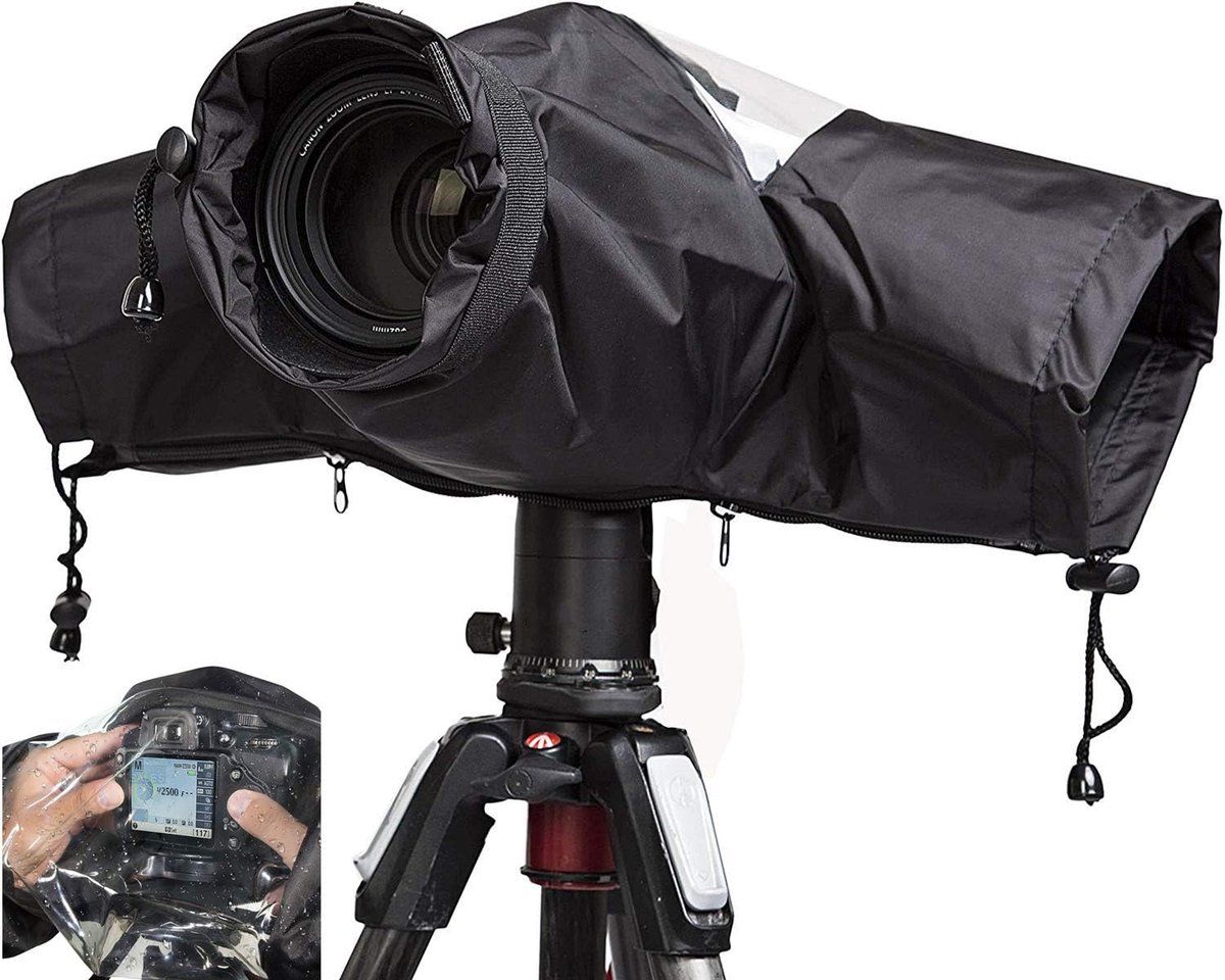 Waterproof Nylon Camera Rain Cover with Drawstring and Sleeves, Black