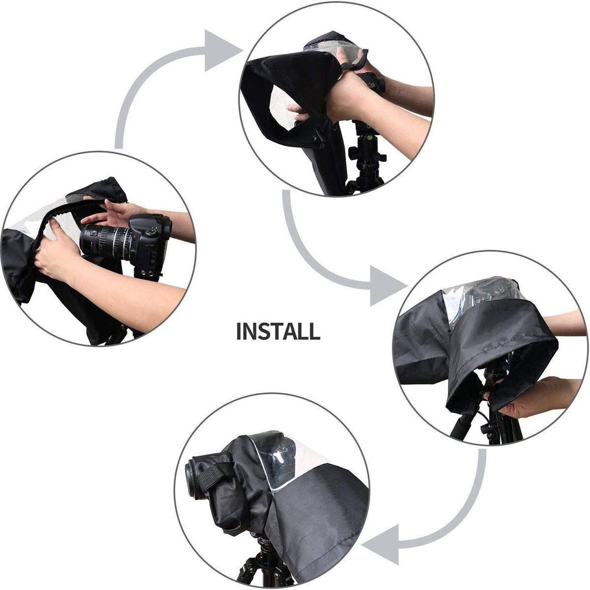 Waterproof Nylon Camera Rain Cover with Drawstring and Sleeves, Black