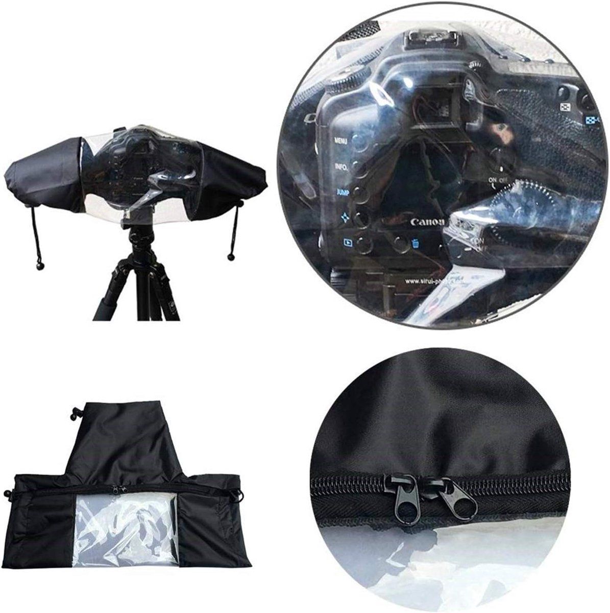 Waterproof Nylon Camera Rain Cover with Drawstring and Sleeves, Black