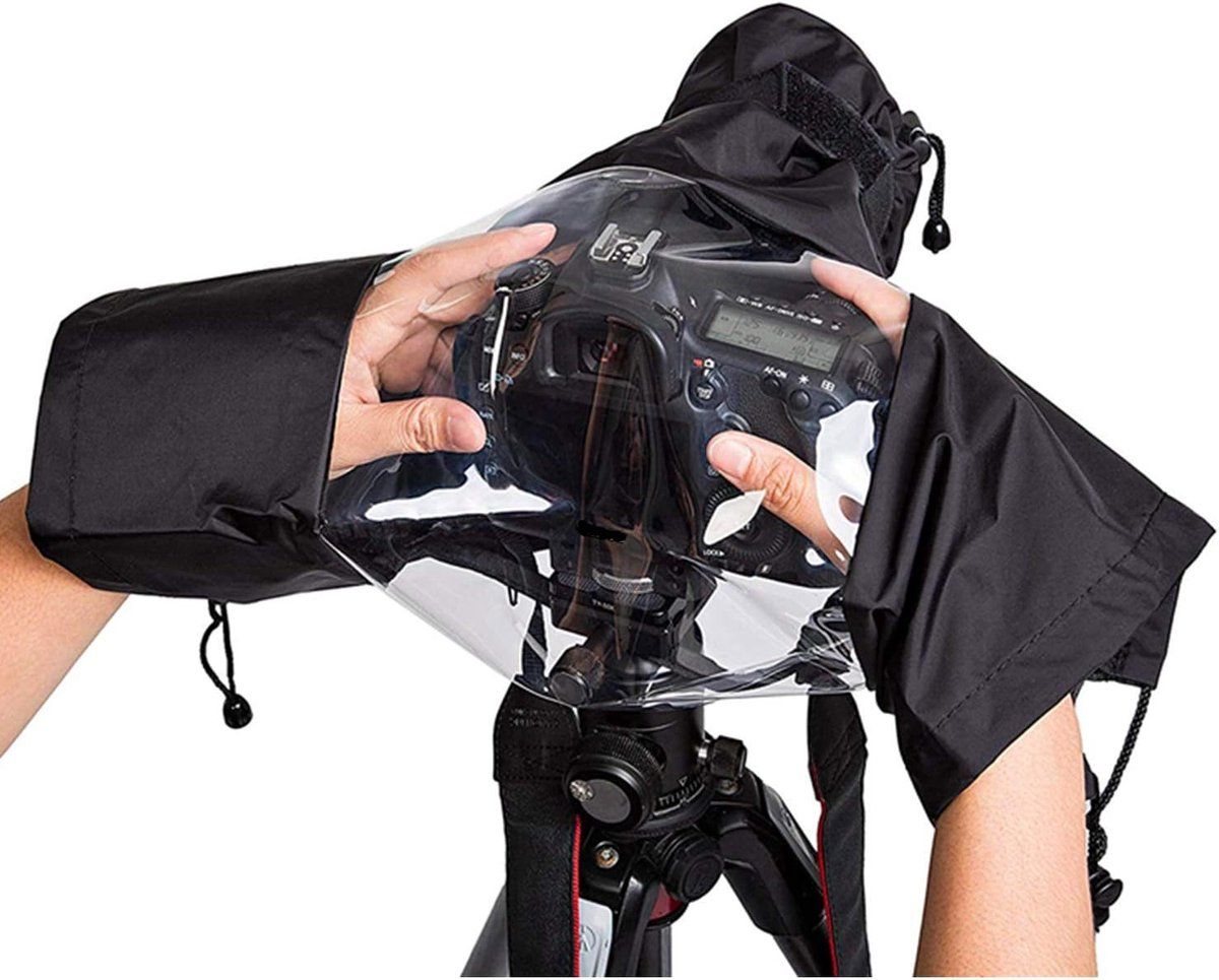 Waterproof Nylon Camera Rain Cover with Drawstring and Sleeves, Black