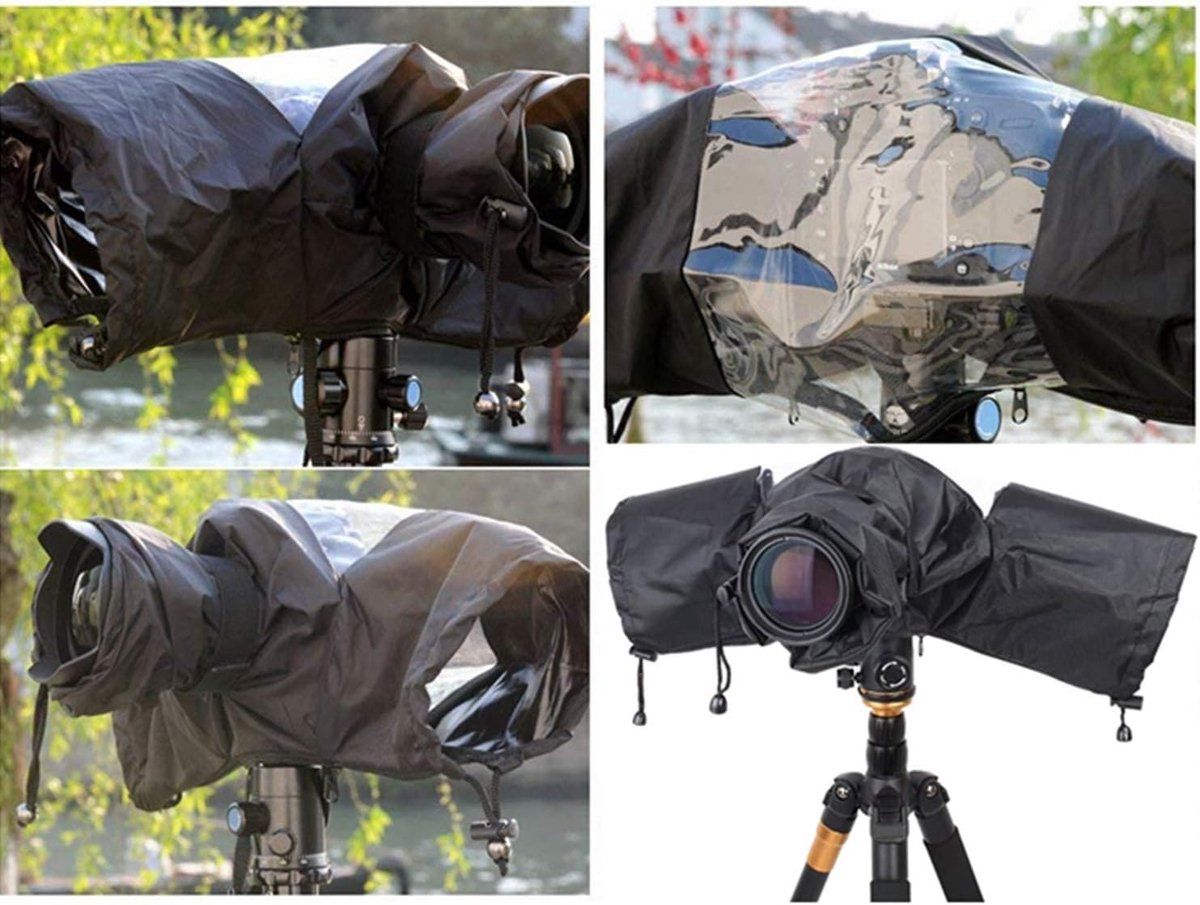 Waterproof Nylon Camera Rain Cover with Drawstring and Sleeves, Black