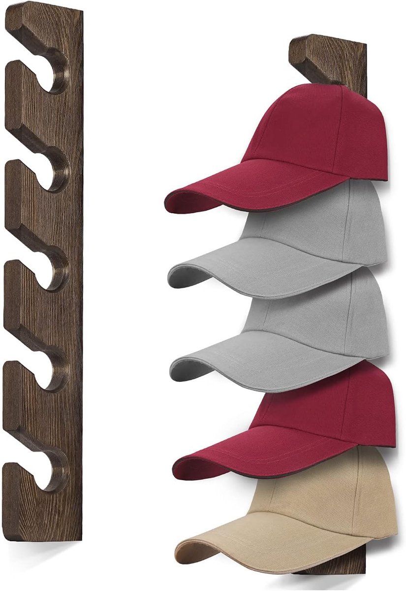 1 Piece Wall Mounted Wooden Hat Rack and Cap Holder, Brown