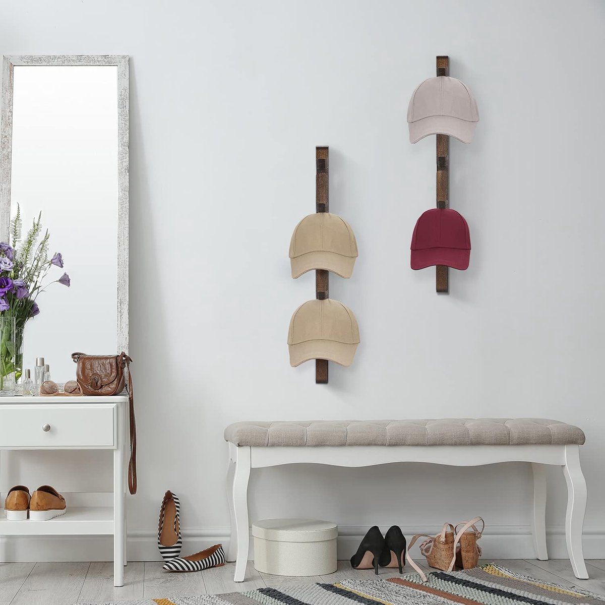 1 Piece Wall Mounted Wooden Hat Rack and Cap Holder, Brown